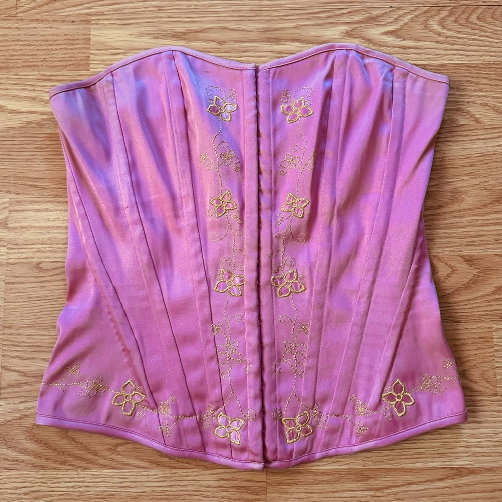 Y2K Vintage Embroidered Floral Pink and Gold Corset Barbiecore Sz L Large rose